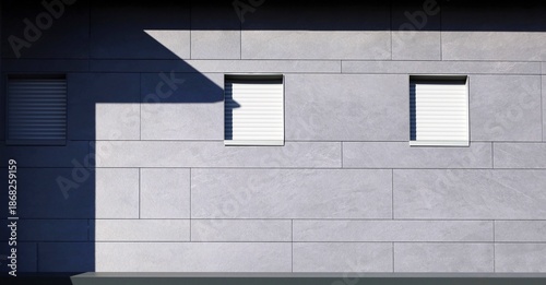фотографія Modern facade with elegant large gray rectangle shaped stone tiles and a row of windows