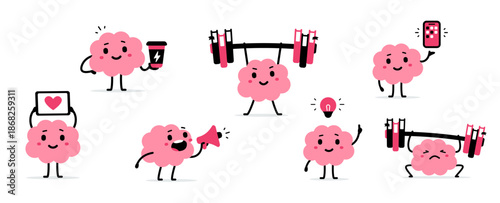 Vector collection of illustration of cute happy pink brain in different pose with barbell and megaphone. Doodle flat style design of set of strong and clever smile brain character with light bulb