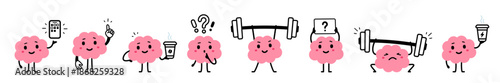 Vector set of illustration of cute clever smile pink brain in different pose. Flat doodle style design of collection of happy strong brain character with barbell and question mark