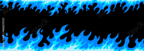Vector illustration of burning flame of fire top and bottom. Set of blue flame border on black background. Flat style design of cold fire frame