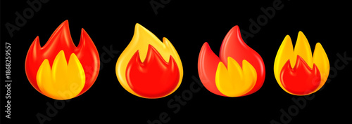 Vector set of red and yellow color burning flame of fire. Collection of different glossy emoji fire on black background. 3d style design of illustration of bonfire or campfire flame symbol