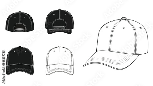 Baseball cap designs in various styles and perspectives shown as line art