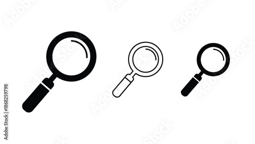 Three black and white magnifying glass icons in varying styles and detail