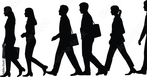Business people silhouettes walking in line carrying bags professionals commuting work lifestyle isolated white background illustration corporate concept