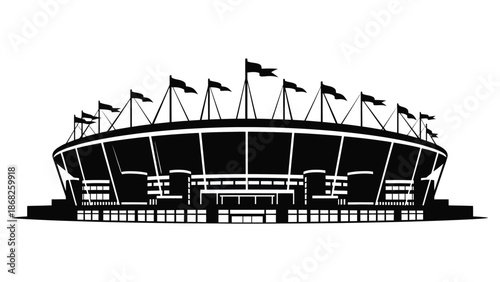 A striking black and white illustration of a large stadium with waving flags