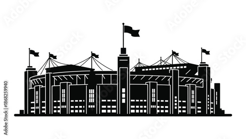 Detailed black and white illustration of a large stadium with flags waving
