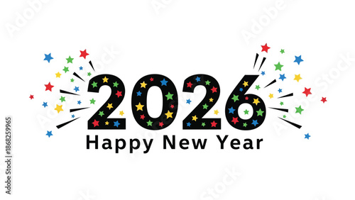 Festive new year 2026 celebration with colorful stars and a cheerful greeting