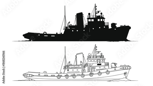 Silhouette and detailed outline of a large tugboat on the water