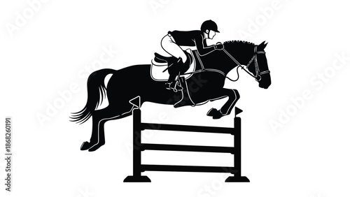 A silhouetted equestrian athlete skillfully jumping a fence with a horse