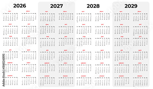 Vector set of 2026-2029 calendars in Spanish