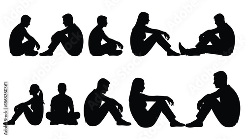 Silhouettes of people in various seated and relaxed poses illustrated in black