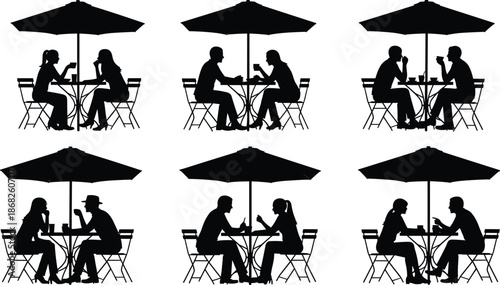 Cafe couple silhouette set showing people sitting talking drinking coffee outdoor restaurant scenes isolated white background illustration collection