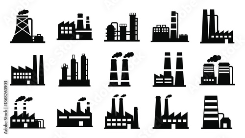 A collection of industrial factory silhouettes depicting manufacturing and production facilities