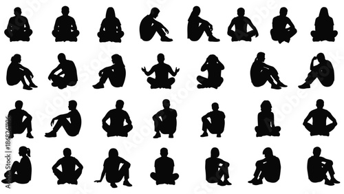 Diverse silhouettes of people in various seated and meditative yoga postures