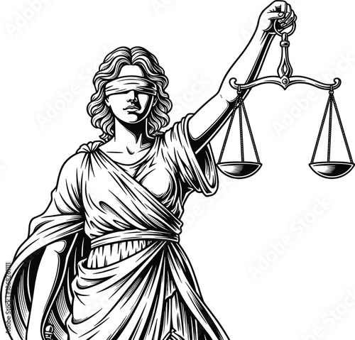 Lady Justice Vector Illustration with Blindfold and Scales of Balance Symbolizing Law, Integrity, Court System, Legal Authority, Judicial Wisdom, and Ethical Governance,