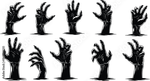 Spooky Zombie Hands Rising From Ground Vector Set for Halloween Horror Design, Creepy Undead Reaching Arms Silhouette, Graveyard Cemetery Apocalypse Scene Elements Collection,