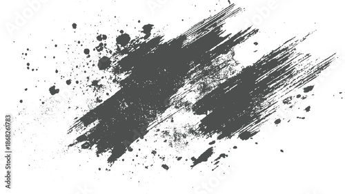 Dynamic abstract brush strokes and scattered paint splatters in a dark gray hue against a white backdrop offer a versatile and energetic background for creative projects