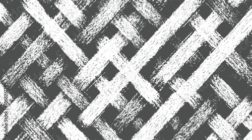 Overlapping rough white brush strokes form a crisscross pattern against a dark gray background, offering a textured and visually dynamic abstract