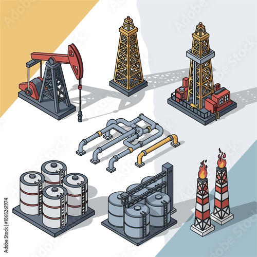 Oil Rig Equipment and Storage Tanks Illustration.