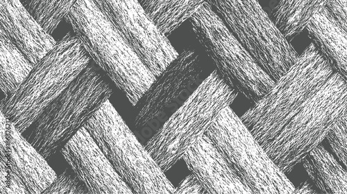 Close-up monochrome view of a thick, coarsely woven with prominent interlaced strands and a rough, tactile surface creating a strong visual texture and depth
