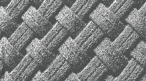 Intricate close-up of a textured surface featuring a dense, interwoven pattern of rough, scratchy fibers in monochromatic shades of dark gray and white, suggesting a robust