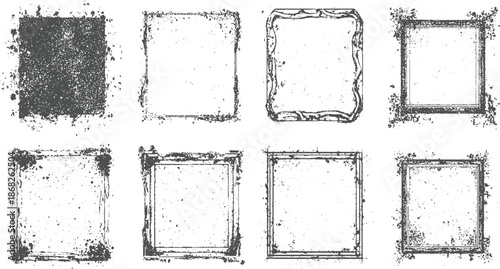 Eight distinct square and rectangular frames with grunge, splatter, and decorative textured borders for versatile applications