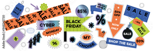 Black Friday Sale Stickers and Shopping Labels Set. Collection of various patches, labels, tags, stickers, stamps for shopping. Black Friday, discounts, new collection. Vector set, trendy promo labels