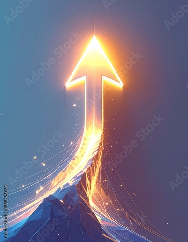 Dynamic glowing arrow ascending with energetic light trails, symbolizing progress, growth, and future success in a modern abstract illustration