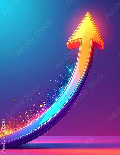 Vibrant digital illustration of a luminous upward-curving arrow, symbolizing dynamic growth, financial progress, and future success amidst a captivating colorful spectrum