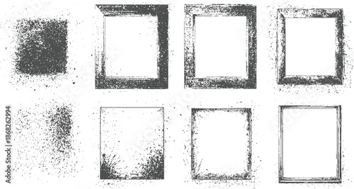 Group of eight grunge including splattered ink textures and various distressed square frames with rough edges for creative