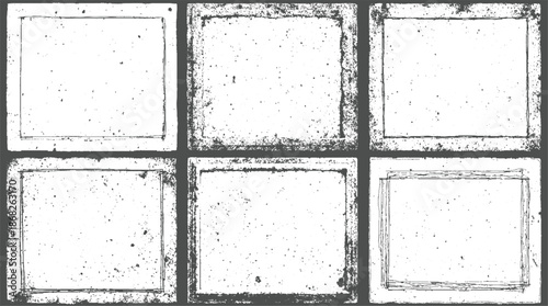 Six dark grunge square frames with textured borders and speckled interiors providing a gritty and weathered aesthetic for impactful