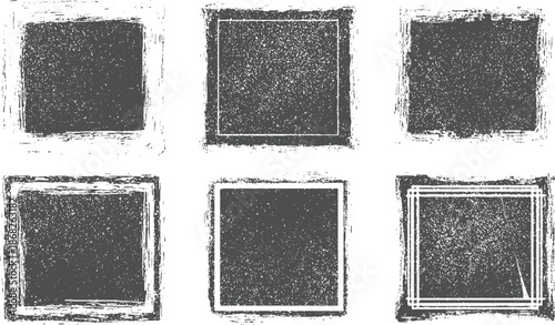 Set of six dark grunge square frames with subtle speckle textures and clean inner borders for and backgrounds