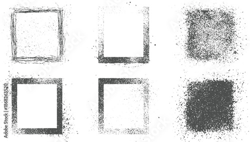 Set of six square grunge frames with varied textures and splattered effects for creative projects and overlays