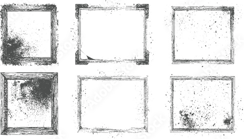 Group of six rectangular and square frames with grunge textures and splatter effects providing a gritty aesthetic for projects