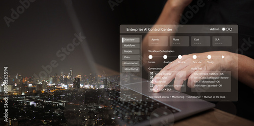 Businessman with laptop operates enterprise AI control center with smart city at night in background. Data governance, workflow orchestration, automation, agentic enterprise, access control technology