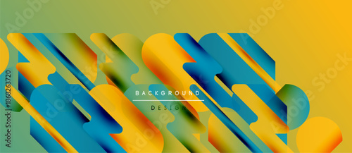 Abstract geometric shapes overlap, creating vibrant color gradients. Yellow, blue, green hues dominate design. Modern aesthetic.