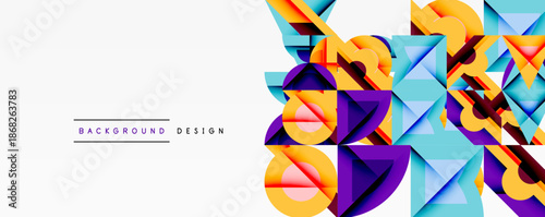 Abstract geometric shapes create vibrant colorful design. Orange, purple, teal hues dominate composition. Modern aesthetic.