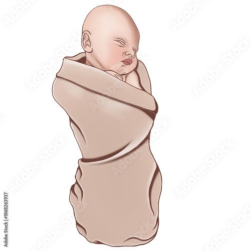 An isolated illustration of a newborn sleeping baby swaddled in a blanket