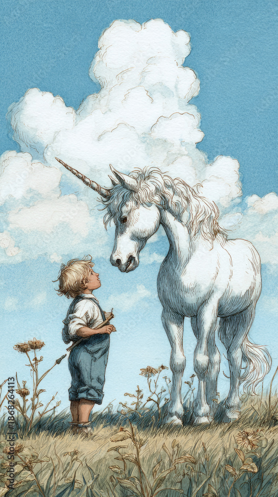 Obraz premium Whimsical storybook illustration of a young boy looking up at a majestic white unicorn in a meadow under big clouds, childhood fantasy, wonder and imagination.