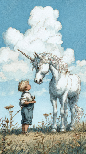 Whimsical storybook illustration of a young boy looking up at a majestic white unicorn in a
meadow under big clouds, childhood fantasy, wonder and imagination.