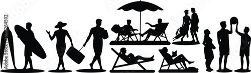 Beach vacation silhouettes collection, summer holiday leisure activities people relaxing surfing sunbathing concept vector illustration isolated black white