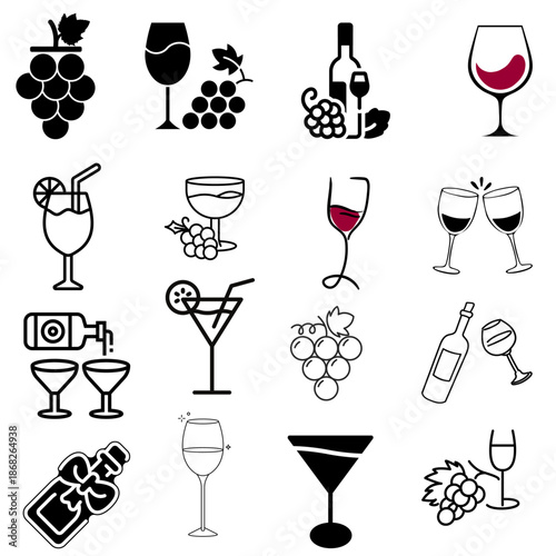 Set of wine icons including glass, bottle, grapes, barrel, cork, and tasting related symbols.