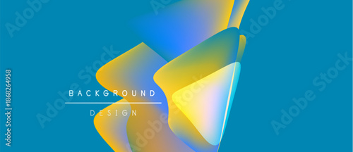 Abstract geometric shapes overlap, creating vibrant color gradients. Blue background complements yellow, orange hues. Text reads background design.