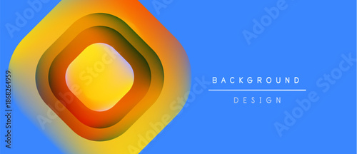 Abstract design features layered circles, vibrant colors. Blue backdrop contrasts warm orange, yellow hues. Modern, minimalist aesthetic.