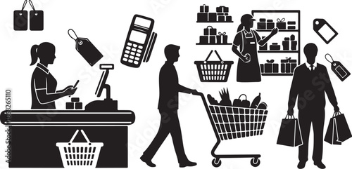 Shopping Experience with Silhouette Figures and Bags