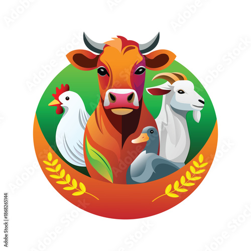 Farm animals illustration with cow, goat, chicken and duck for agriculture concept