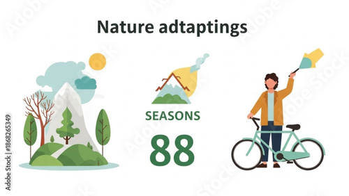 Nature adaptings concept showing seasons mountains and a person cycling flat vector illustration for environmental themes
