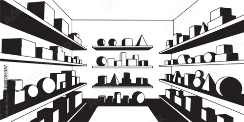 Geometric shapes on shelves in a minimalist room