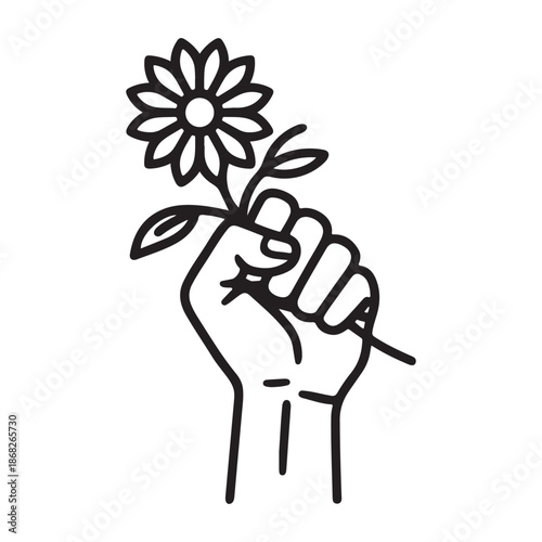Raised Fist Holding Flower Line Icon
