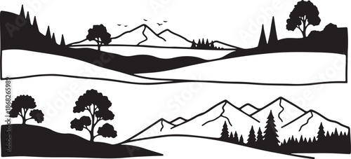 Black and White Mountain Landscape Silhouette Illustration